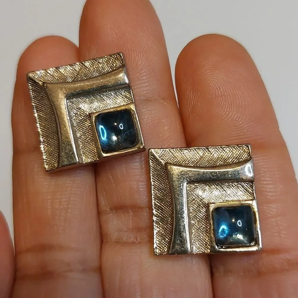 Vintage Textured Square Cufflinks Blue Glass Accent